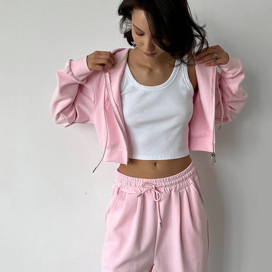 Damen kurzes Zip-Kapuzenjacken- und High-Waist Wide-Leg Jogginghose Set aus weichem French Terry EB