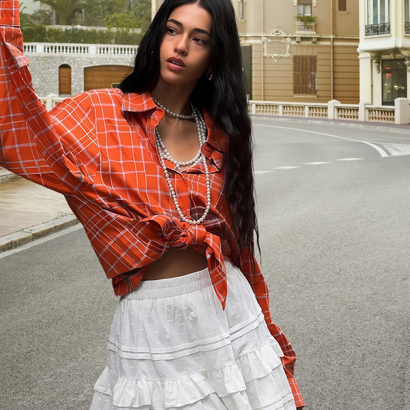 Damen Oversize-Musterhemd mit dekorativer Knopfleiste und lässigem Schnitt EB