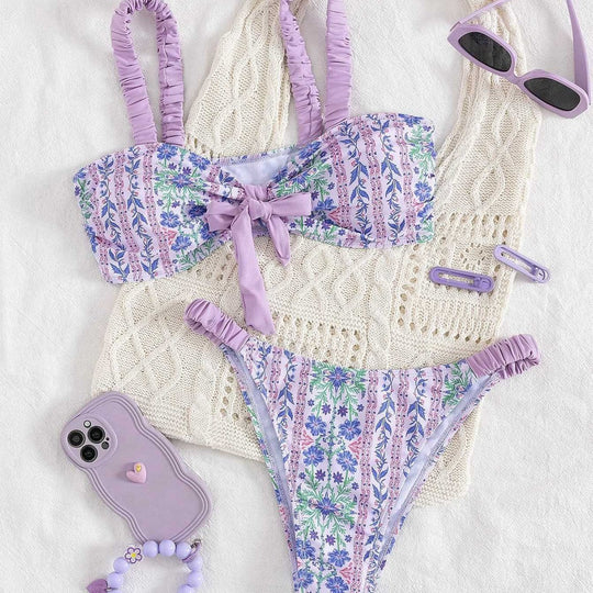 Damen Bandeau-Bikini mit floralem Design und verspielten Rüschen EB