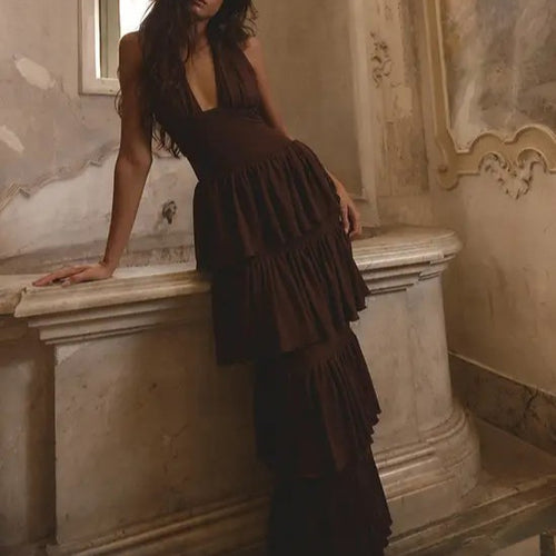 Damen Festliches Maxikleid mit Volantröcken EB