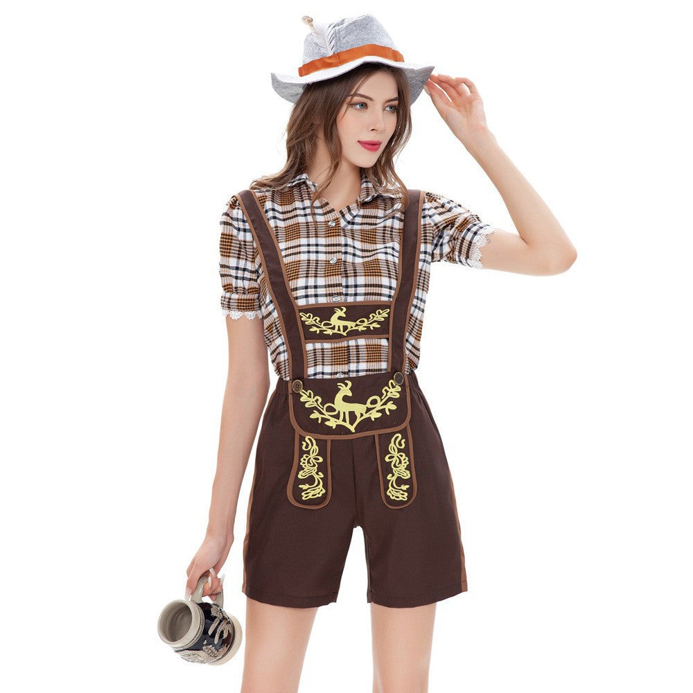 Damen Trachten-Latzhose mit kariertem Oberteil und dekorativer Stickerei EB