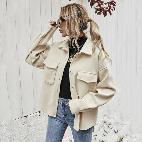 Damen elegante Oversized Jacke mit aufgesetzten Taschen und modischem Kragen EB