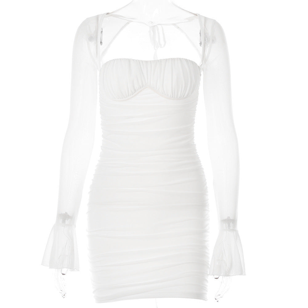 Damen Mini-Kleid mit transparenten Ärmeln und raffiniertem Schnitt EB