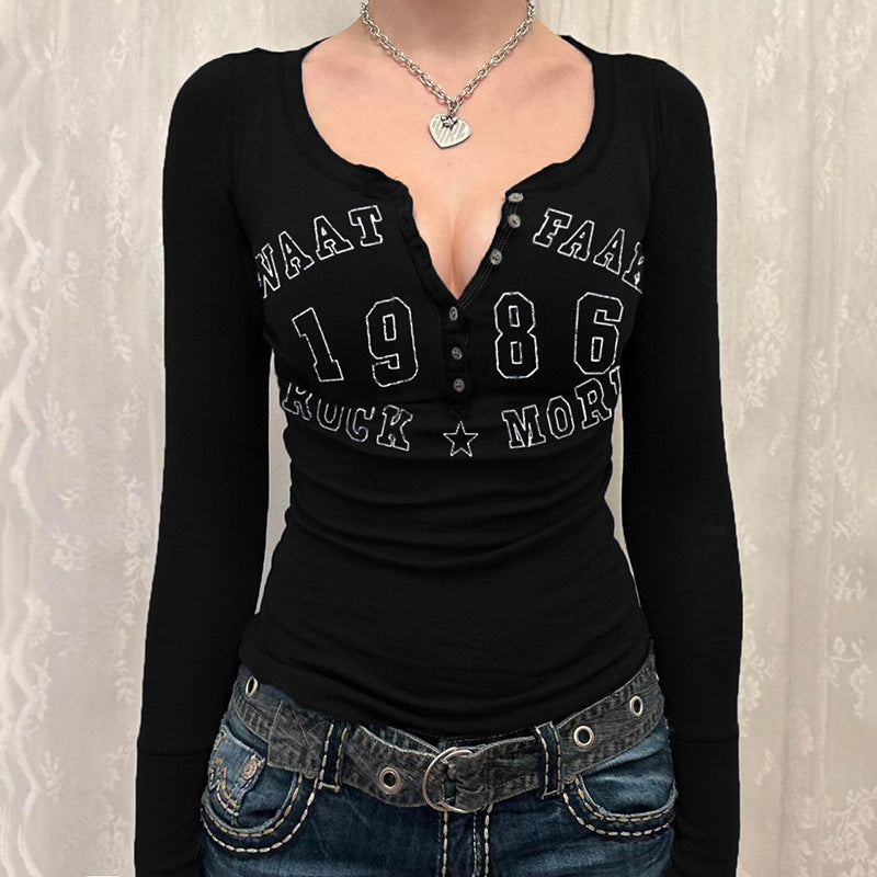 Damen Langarm T-Shirt mit modischem Druck und Knopfverschluss EB