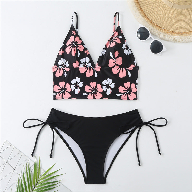 Damen Crop-Top Bikini mit verstellbaren Trägern und floralem Muster EB