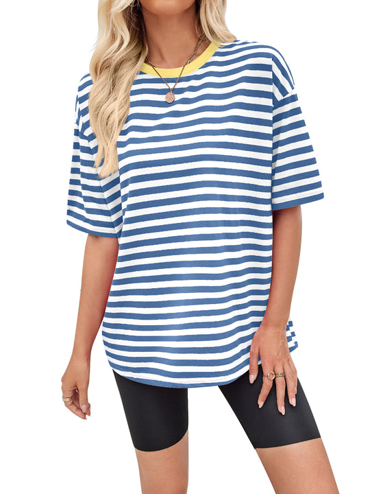 Damen gestreiftes Oversize T-Shirt mit Rundhalsausschnitt und Kontrastdetails EB
