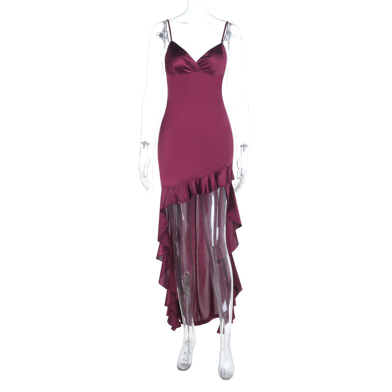 Damen elegantes Maxi-Jersey-Kleid mit asymmetrischem Rüschensaum und schmalen Trägern EB