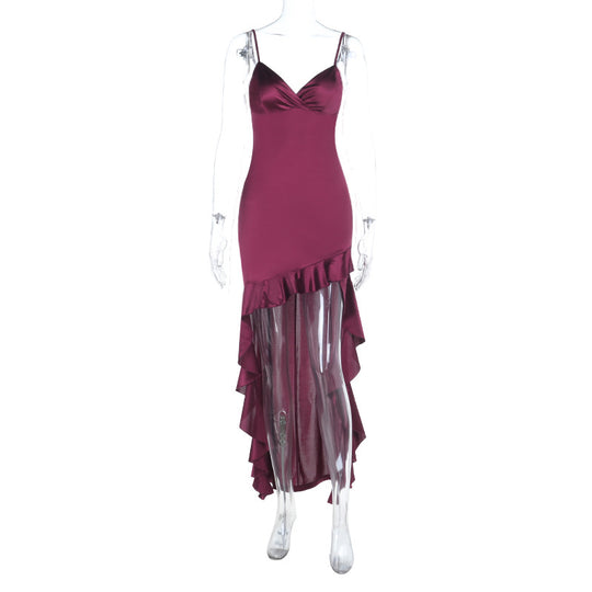Damen elegantes Maxi-Jersey-Kleid mit asymmetrischem Rüschensaum und schmalen Trägern EB
