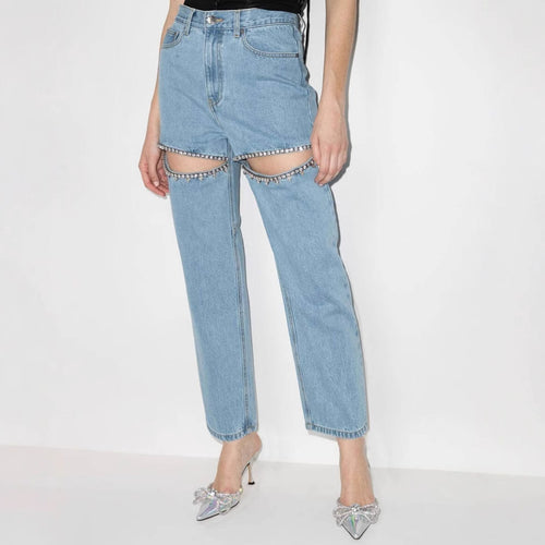 Damen Jeans mit dekorativen Cut-Outs und Strassverzierungen EB