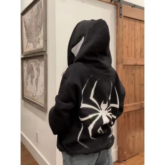 Unisex nan Kapuzenpullover mit kontrastiertem Spinnenmotiv Rückendruck und Ohrenkapuze EB