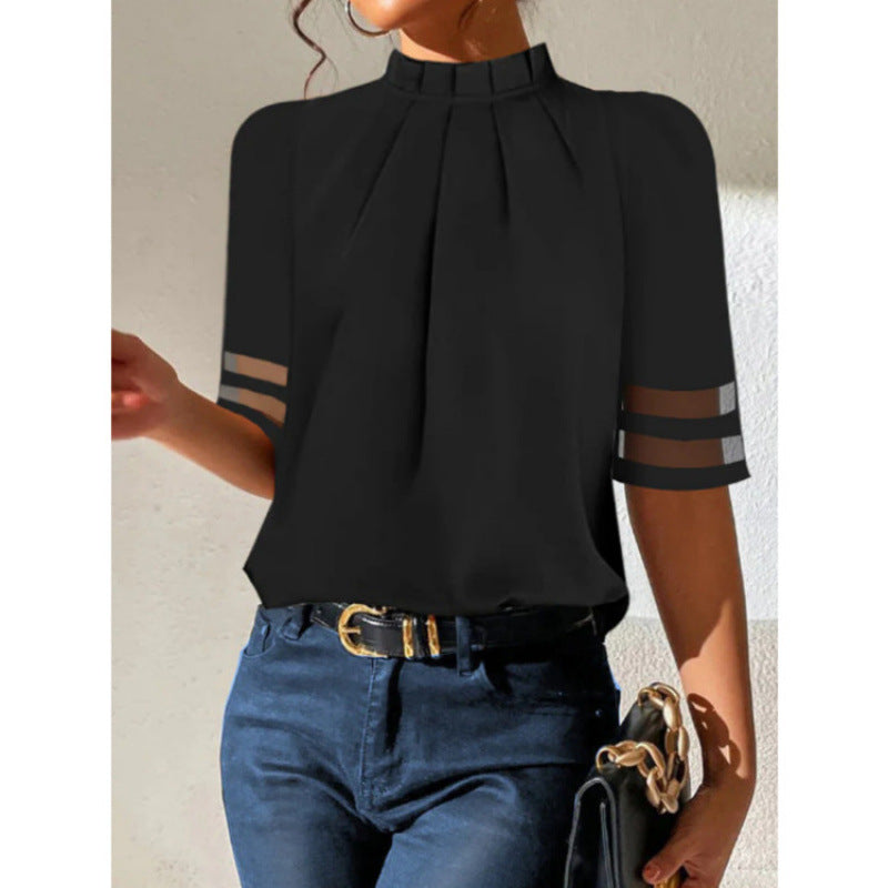 Damen elegante Bluse mit transparenten Ärmeln EB