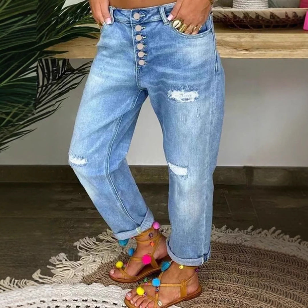Damen Denim-Bundfaltenhose mit Knopfleiste und modischem Destroyed-Effekt EB