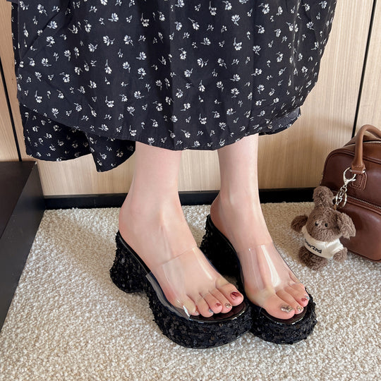Damen Glamouröse Plattform-Mules mit glitzerndem Design und ergonomischer Sohle EB