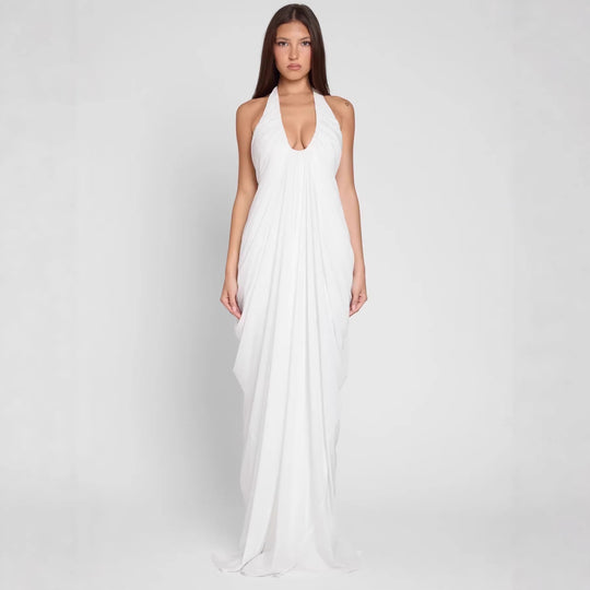 Damen Elegantes Maxikleid mit tiefem V-Ausschnitt und fließendem Drapé EB