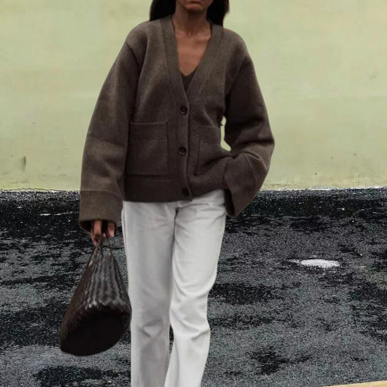 Damen Lässiger Strickjacke mit großen Taschen und offenem Schnitt EB