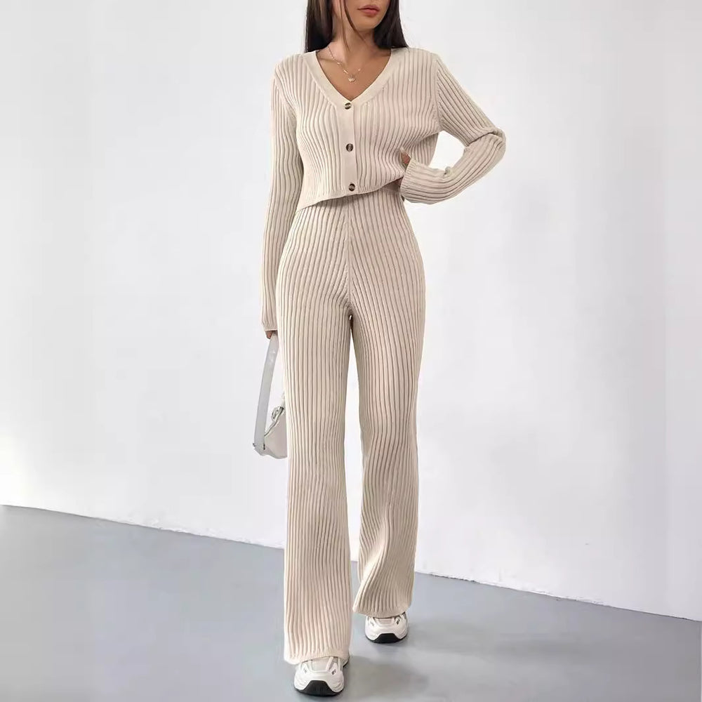 Damen Elegantes Strick-Lounge-Set mit V-Ausschnitt und hohen Bündchen EB