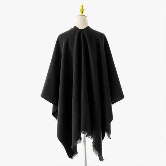 Damen Wickelponcho mit Bindegürtel, V-Ausschnitt und Fransensaum EB