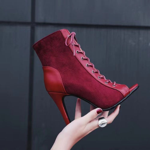 Damen Offene Zehen-Stiefeletten mit elegantem Schnürdesign und hohem Absatz EB
