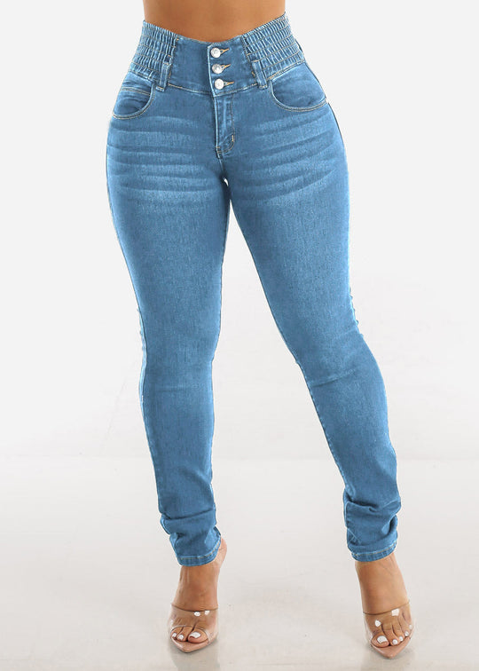 Damen Slim Fit Jeanshose mit elastischem Bund und Knopfverschluss EB