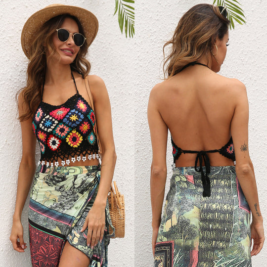 Damen gehäkeltes Crop-Top mit buntem Blumenmuster EB