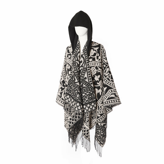 Damen Kapuzen-Ruana aus Wollmix mit Ornament-Jacquard und Fransen EB