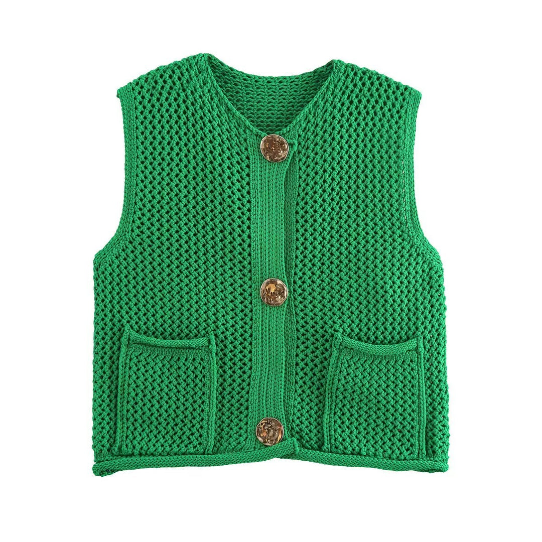 Damen gehäkelte Strickweste mit großen Zierknöpfen und Aufsatztaschen EB