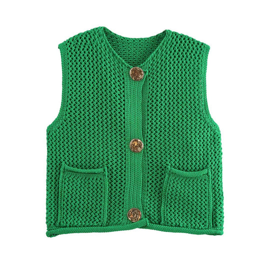 Damen gehäkelte Strickweste mit großen Zierknöpfen und Aufsatztaschen EB