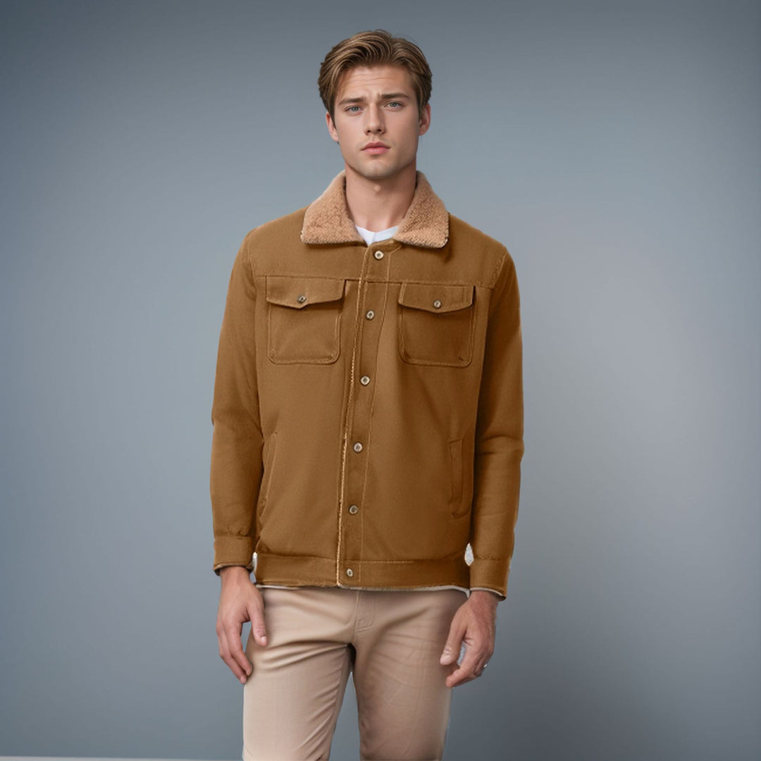 Herren lässige Jacke mit Kunstfellkragen und praktischen Taschen EB