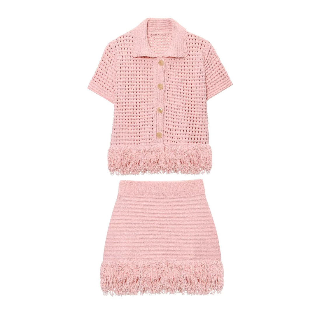Damen Kurzarm-Strickjacke mit fransigem Saum und dekorativen Knöpfen EB
