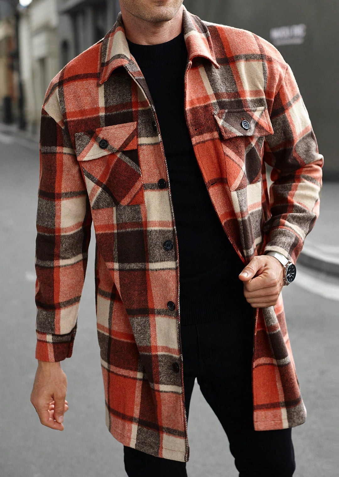 Herren karierte Flanelljacke mit knöpfbaren Taschen und modernem Schnitt EB