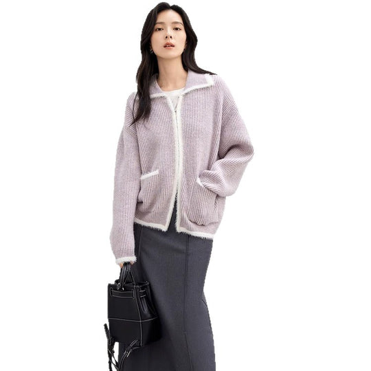 Damen Flauschiger Strickcardigan mit praktischen Taschen und hohem Kragen EB
