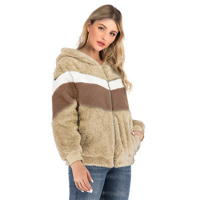 Damen Fleecejacke mit kontrastierenden Streifen und Kapuze EB