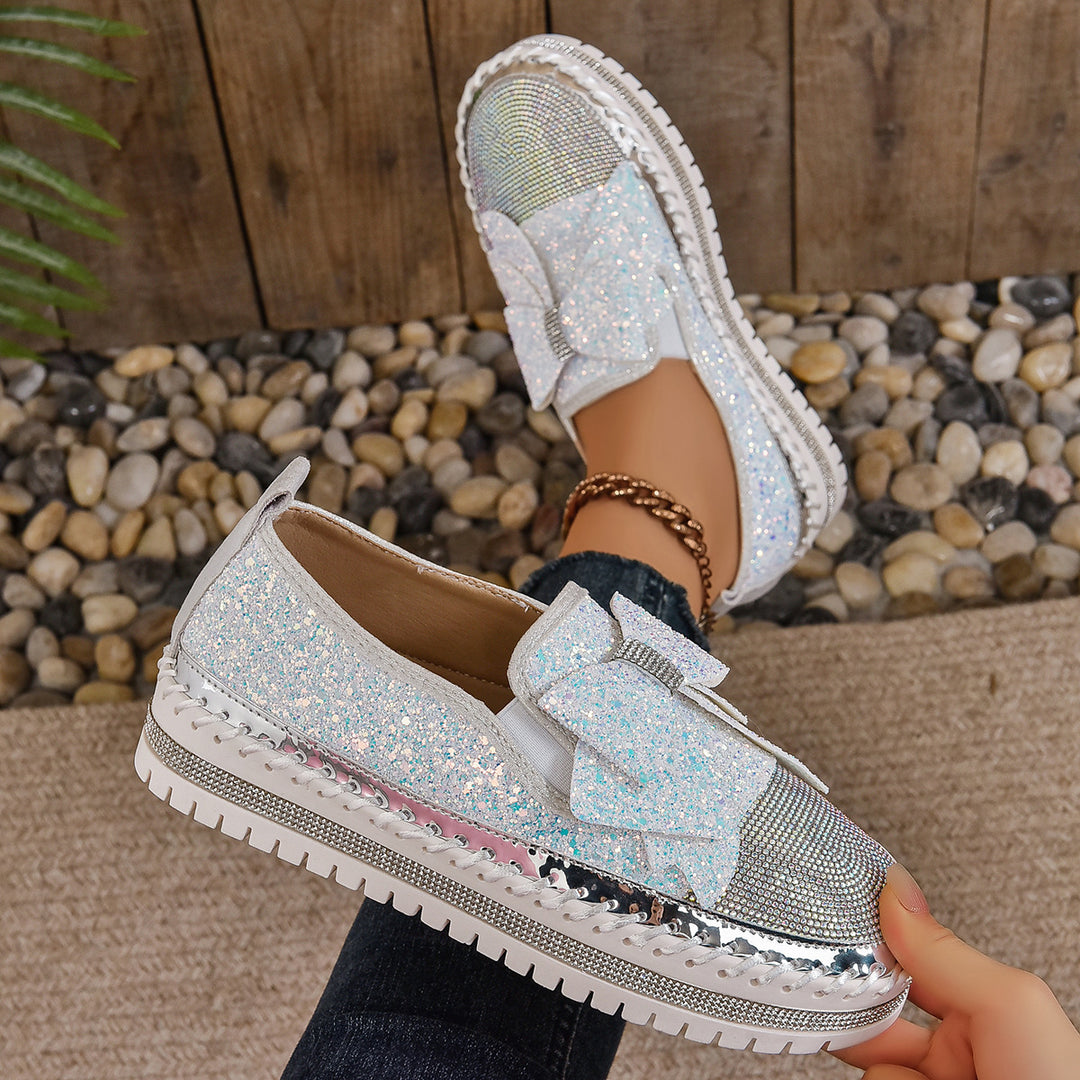 Damen Glitzernde Slip-On Sneakers mit funkelndem Schleifendesign und rutschfester Sohle EB