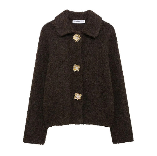 Damen flauschige Strickjacke mit dekorativen Blumenknöpfen EB