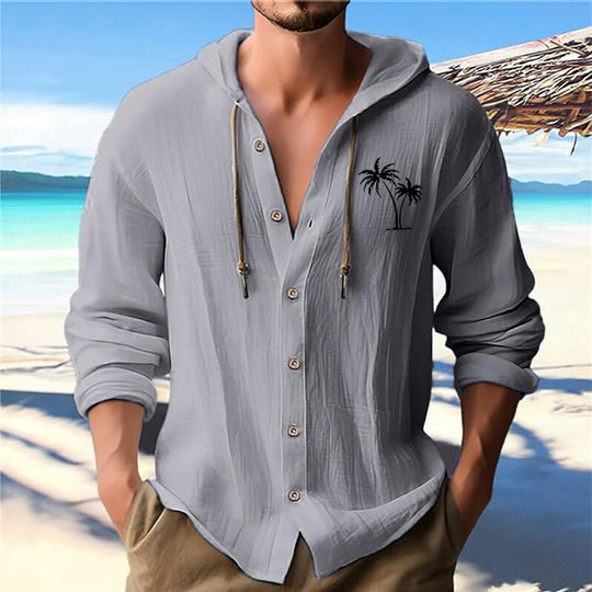 Herren lässiges Kapuzenshirt mit dekorativem Palmendruck und Knopfleiste EB
