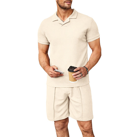 Herren nan zweiteiliges Freizeitset aus strukturierter Baumwollmischung mit Reverspolo und geraden Komfortshorts EB