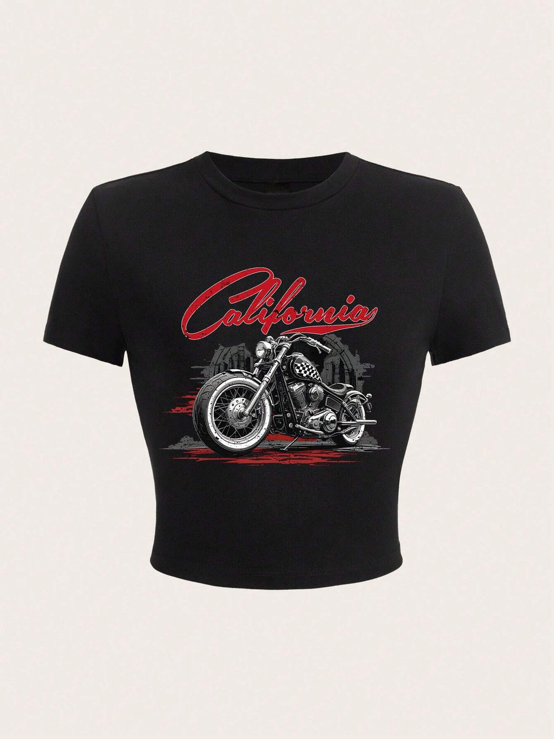 Damen Crop-T-Shirt mit kreativem Motorrad-Design und urbanem California-Aufdruck EB