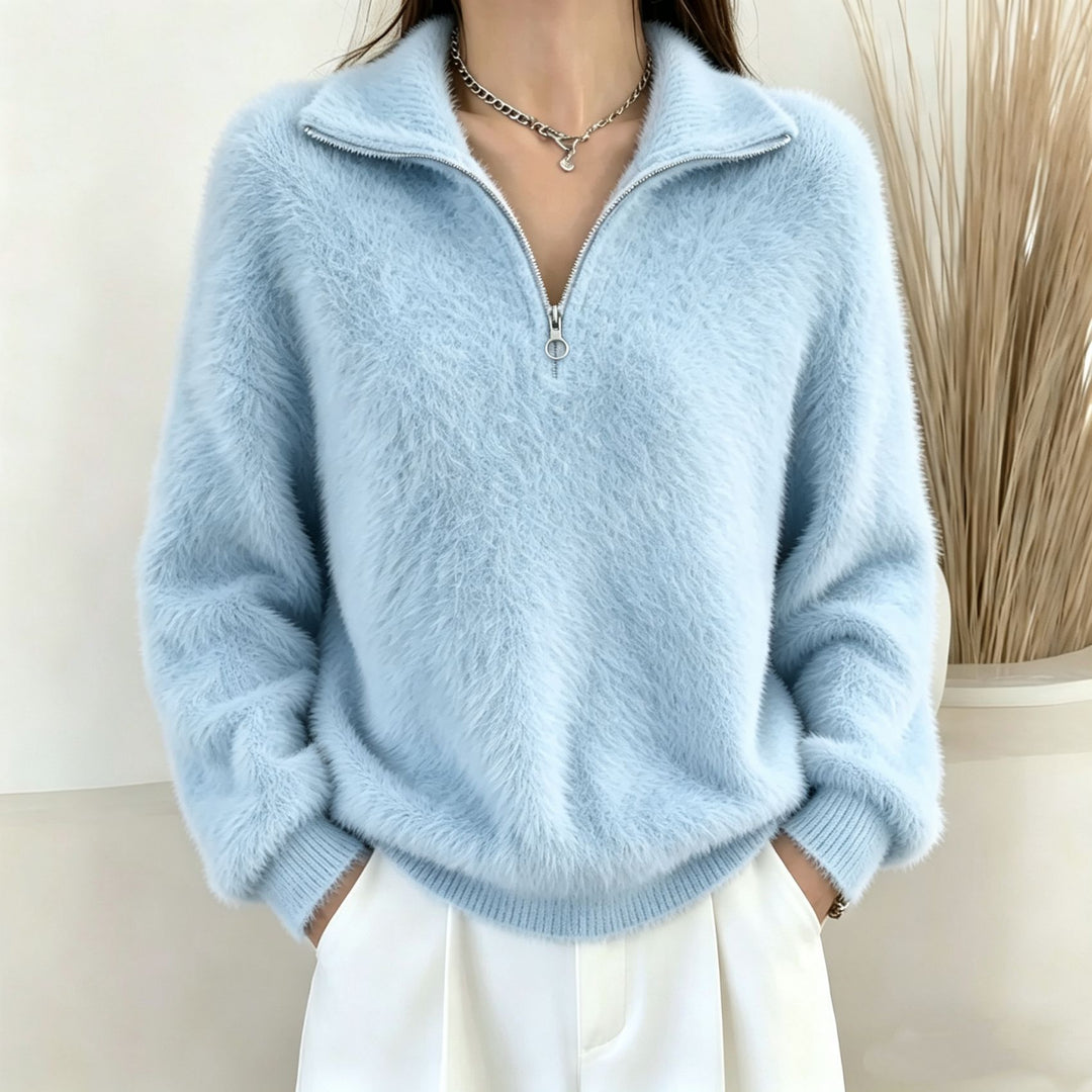 Damen Flauschiger Halbzipp-Pullover mit Stehkragen EB