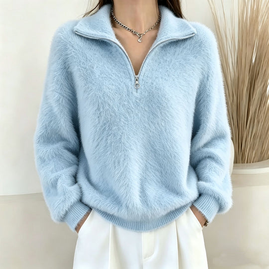 Damen Flauschiger Halbzipp-Pullover mit Stehkragen EB