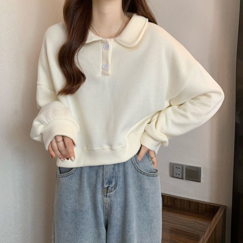 Damen Kurzarm Sweatshirt mit modischem Kragen und dekorativen Knöpfen EB