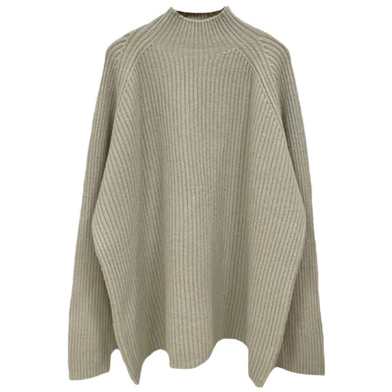 Damen Oversized Strickpullover mit hohem Kragen und feiner Rippstruktur EB