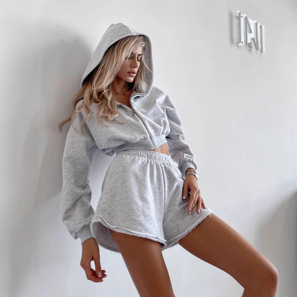 Damen Cropped-Zipper-Kapuzenjacke mit taillenhohen Fransen-Shorts Lounge-Set EB