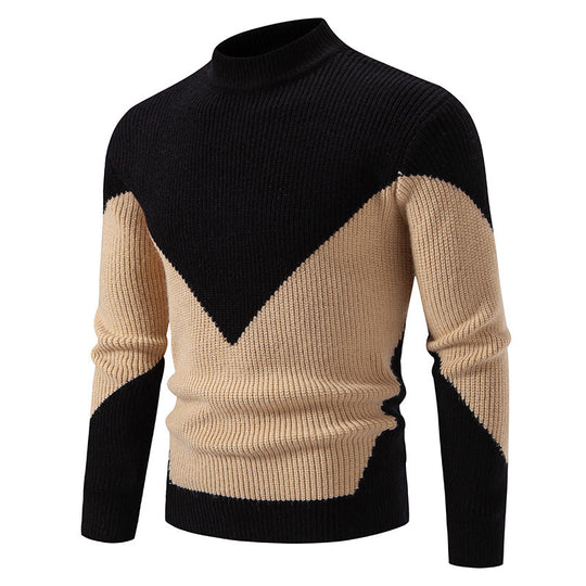 Herren nan gerippter Feinstrickpullover mit Stehkragen und kontrast-Blockdesign EB