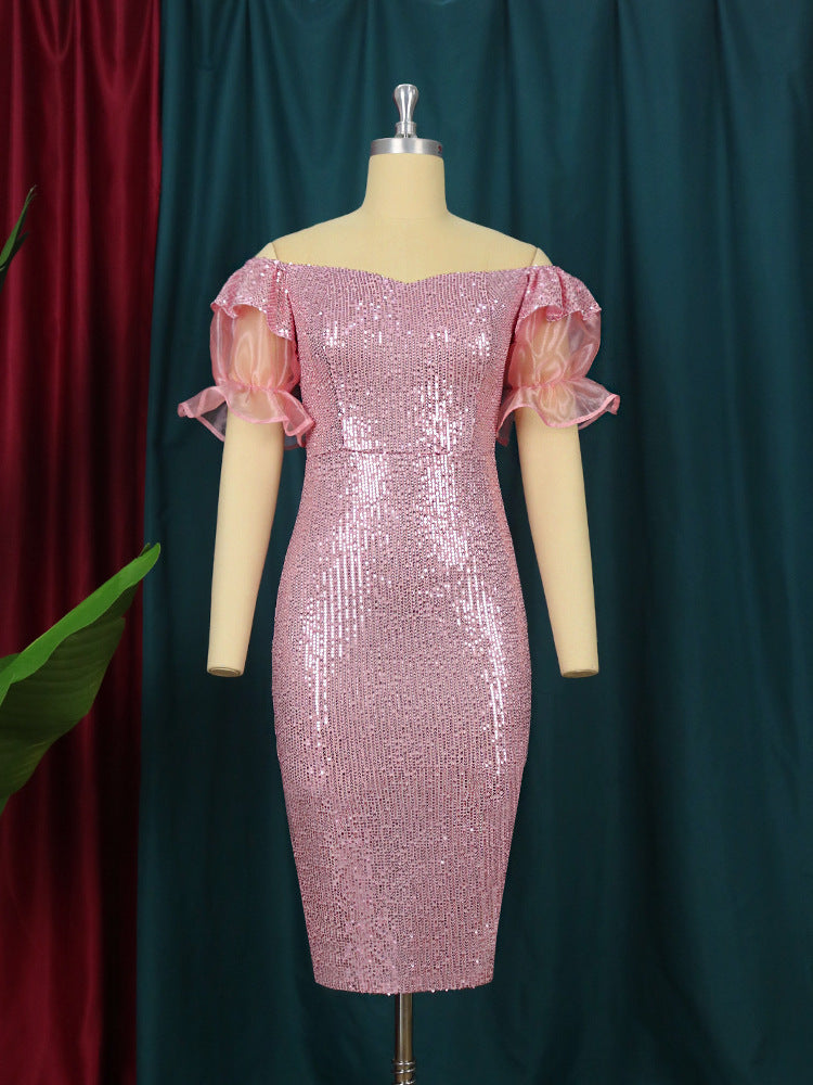 Damen Glitzerndes Cocktailkleid mit schulterfreiem Design und voluminösen Puffärmeln EB