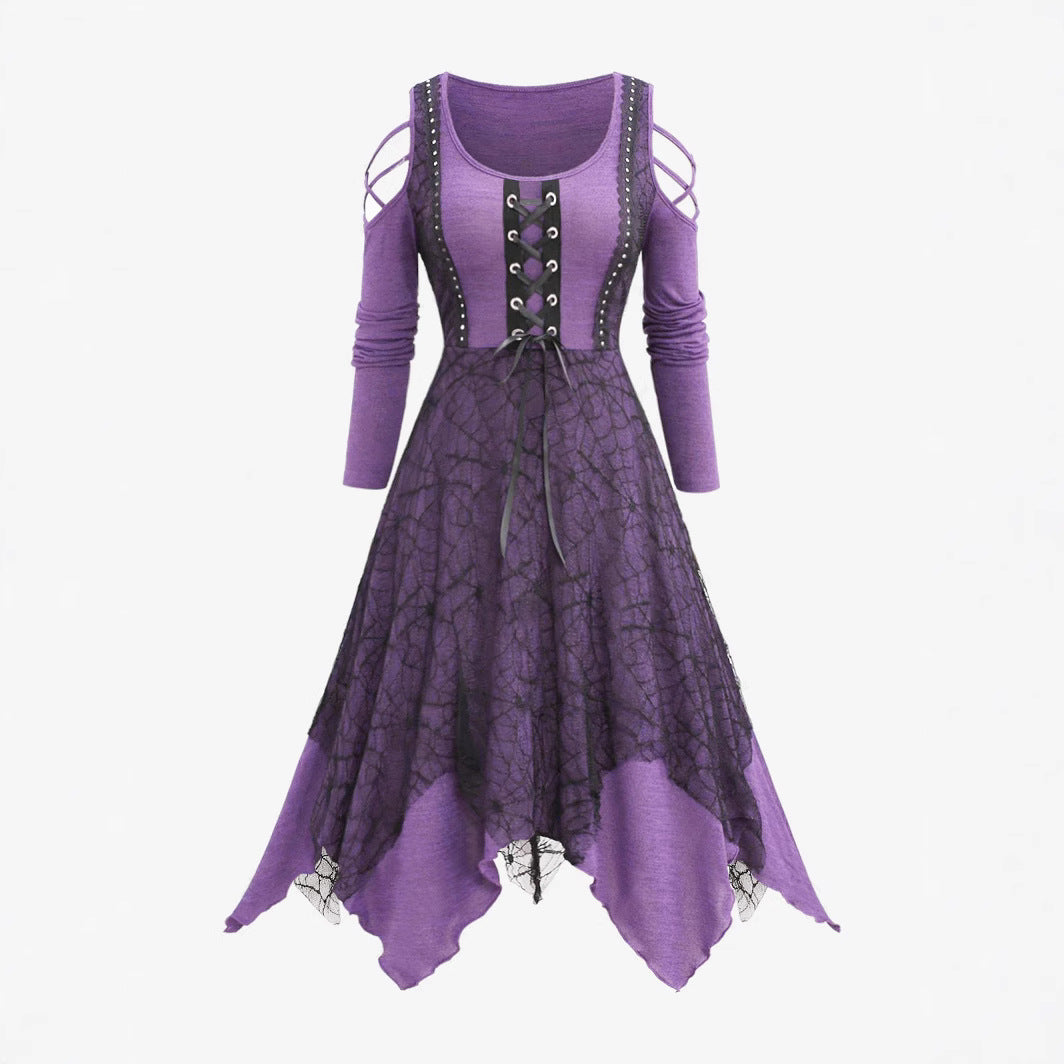 Damen Gothic Maxikleid mit Spitzenbesatz und Schnürung EB