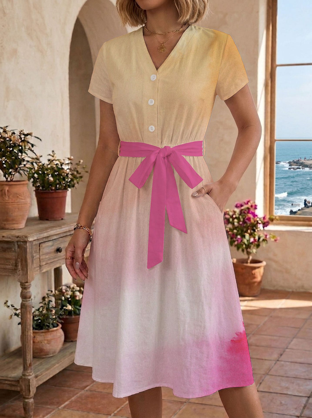 Damen Sommerliches Kleid mit taillierbarem Bindegürtel und floralem Muster EB