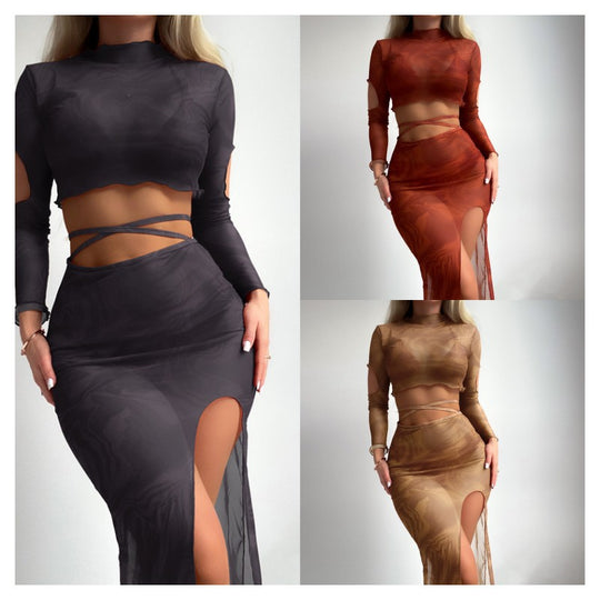 Damen Elegantes und transparentes Zweiteiler-Outfit mit hoch geschnittenem Rock EB