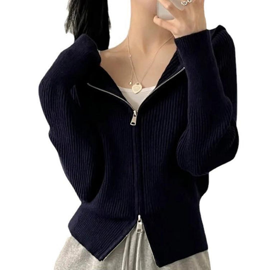 Damen lässige Strickjacke mit Kapuze und Reißverschluss EB