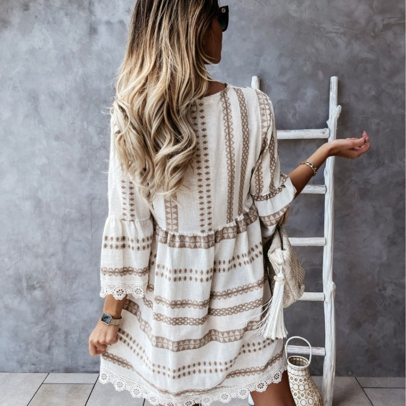 Damen Bohemian-Stil Schlagärmel Mini Kleid EB