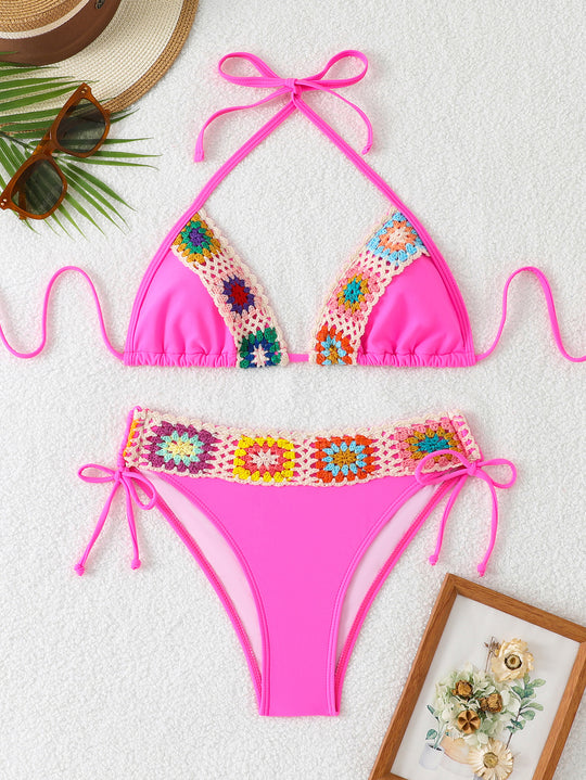 Damen Triangel-Bikini mit kreativen Häkelapplikationen EB